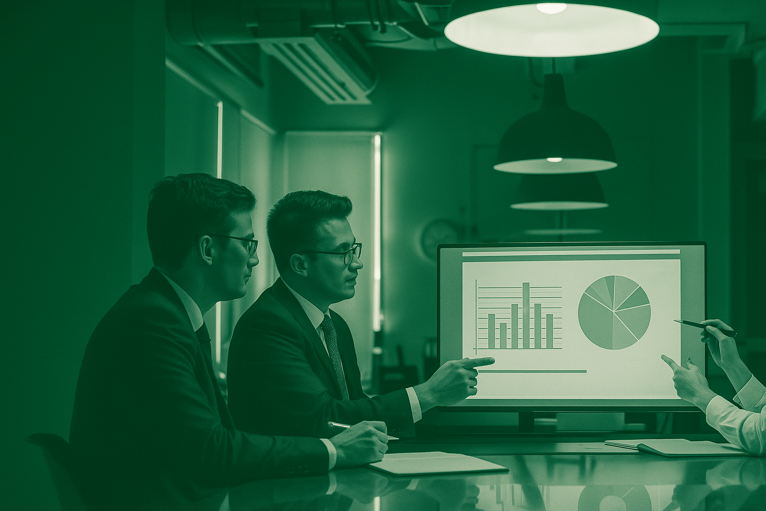 Financial Discussion in Green-Hued Room
